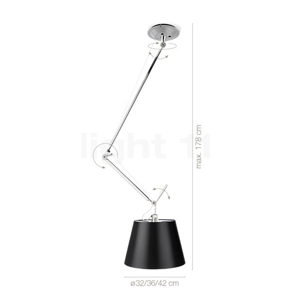 Measurements of the Artemide Tolomeo Sospensione Decentrata Black Edition ø42 cm in detail: height, width, depth and diameter of the individual parts.