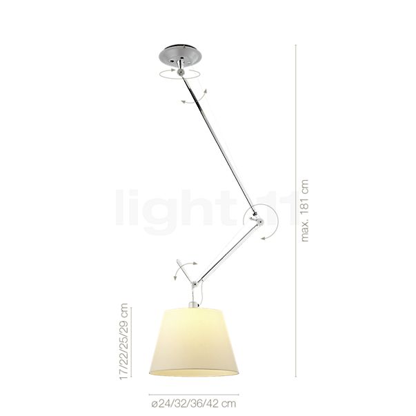 Measurements of the Artemide Tolomeo Sospensione Decentrata satin, ø42 cm in detail: height, width, depth and diameter of the individual parts.