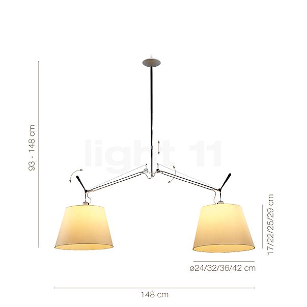 Measurements of the Artemide Tolomeo Sospensione Diffusore parchment - ø24 cm in detail: height, width, depth and diameter of the individual parts.