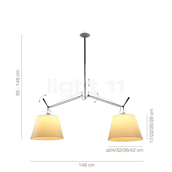 De afmetingen van de Artemide Tolomeo Sospensione Diffusore perkament - ø24 cm in detail: hoogte, breedte, diepte en diameter van de afzonderlijke onderdelen.