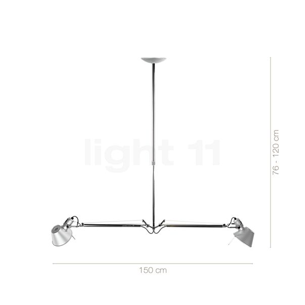 Measurements of the Artemide Tolomeo Sospensione polished and anodised aluminium in detail: height, width, depth and diameter of the individual parts.