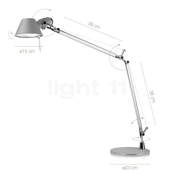 Measurements of the Artemide Tolomeo Tavolo LED aluminium - with clamp - integralis in detail: height, width, depth and diameter of the individual parts.