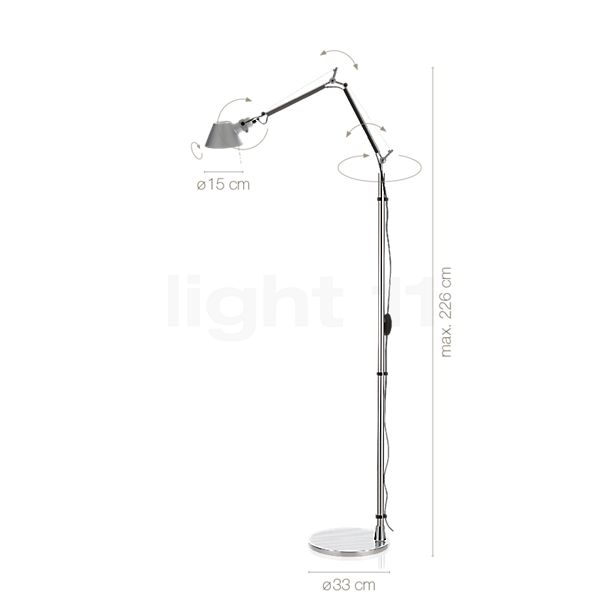 Measurements of the Artemide Tolomeo Terra LED Tunable White polished and anodised aluminium in detail: height, width, depth and diameter of the individual parts.