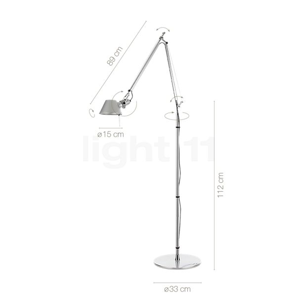 De afmetingen van de Artemide Tolomeo Terra aluminium gepolijst en geanodiseerd in detail: hoogte, breedte, diepte en diameter van de afzonderlijke onderdelen.