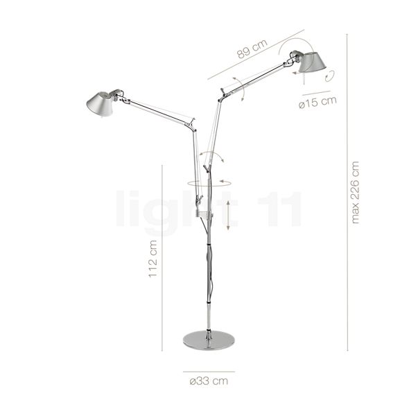 Measurements of the Artemide Tolomeo Terra doppio black in detail: height, width, depth and diameter of the individual parts.