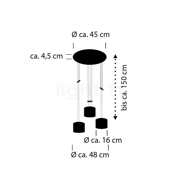 Bankamp Grazia Cluster LED 3 focos latón mate - alzado con dimensiones