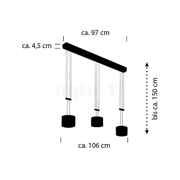 Bankamp Grazia, lámpara de suspensión LED 3 focos níquel mate - alzado con dimensiones