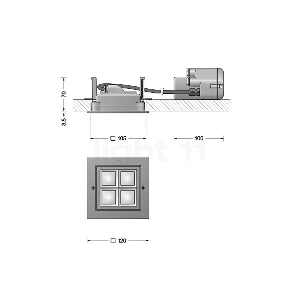 Bega 24475 - Plafonnier encastré LED argenté - 3.000K - 24475AK3 - vue en coupe