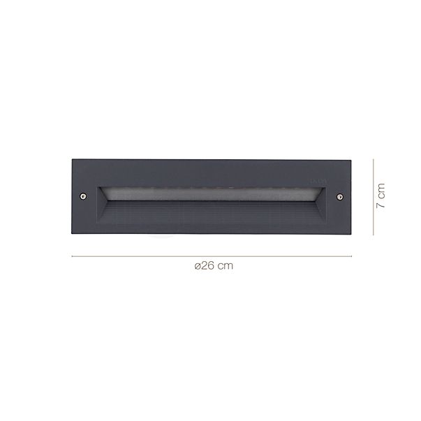 Dimensions du luminaire Bega 33054 - Applique encastrée LED argenté - 33054AK3 en détail - hauteur, largeur, profondeur et diamètre de chaque composant.