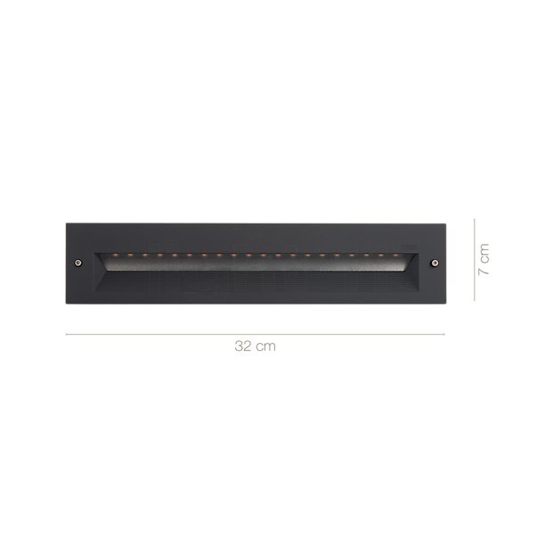 Die Abmessungen der Bega 33055 - Wandeinbauleuchte LED graphit - 33055K3 im Detail: Höhe, Breite, Tiefe und Durchmesser der einzelnen Bestandteile.