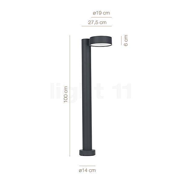 Measurements of the Bega 77221 - Bollard light LED graphite - 77221K3 in detail: height, width, depth and diameter of the individual parts.