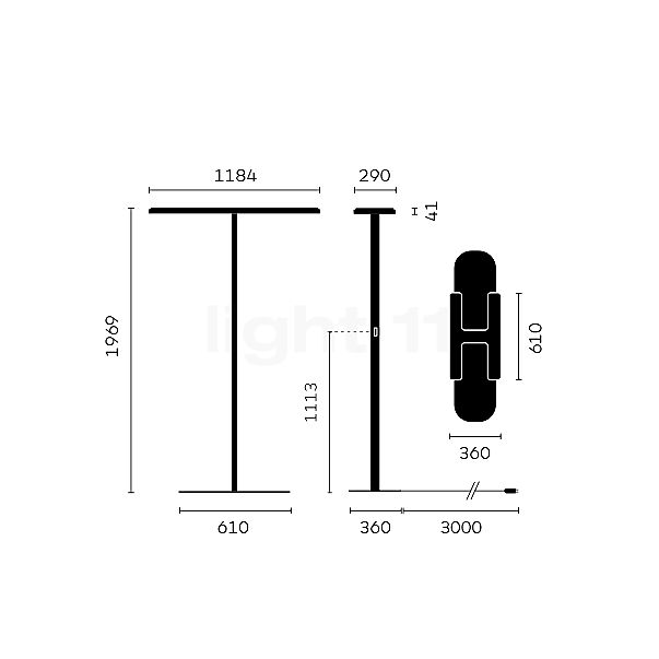Belux Kido Lampadaire LED 2 foyers noir - asymétrique - H pied - 4.000 K - vue en coupe