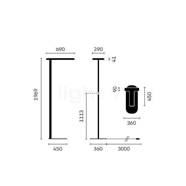 Belux Kido Lampadaire LED noir - asymétrique - T pied - 3.000 K - vue en coupe