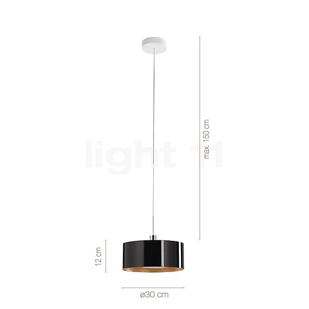 De afmetingen van de Bruck Cantara Hanglamp LED chroom glimmend/glas zwart/goud - 30 cm , uitloopartikelen in detail: hoogte, breedte, diepte en diameter van de afzonderlijke onderdelen.