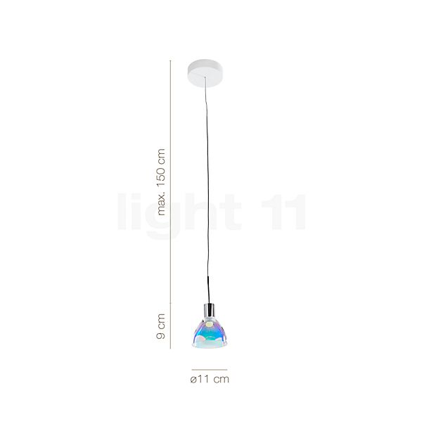 De afmetingen van de Bruck Silva Hanglamp LED - ø11 cm chroom mat, glas blauw/magenta , Magazijnuitverkoop, nieuwe, originele verpakking in detail: hoogte, breedte, diepte en diameter van de afzonderlijke onderdelen.