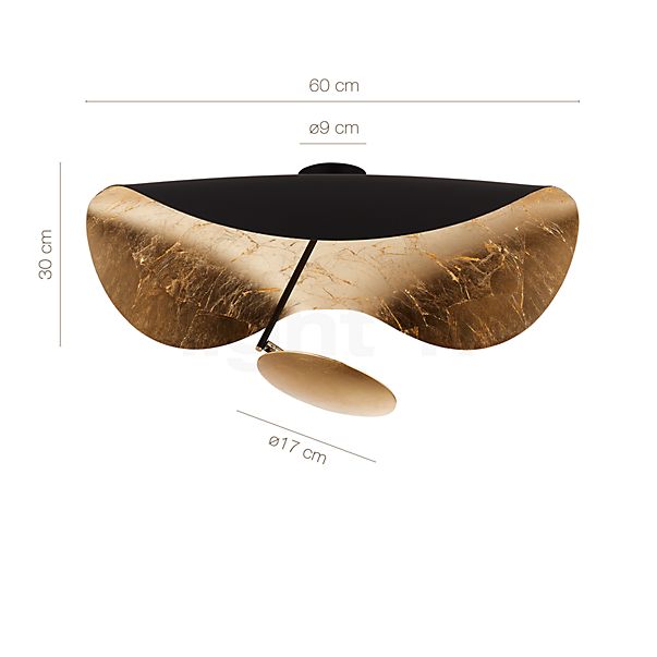 Measurements of the Catellani & Smith Lederam Manta CWS1 Wall-/Ceiling Light LED Disc copper, rod black, shade black/copper in detail: height, width, depth and diameter of the individual parts.