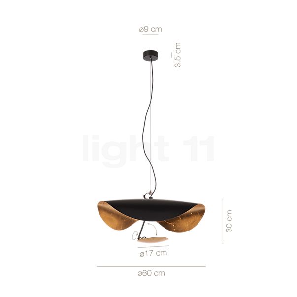 De afmetingen van de Catellani & Smith Lederam Manta Hanglamp LED goud/zwart/zwart-goud - ø100 cm in detail: hoogte, breedte, diepte en diameter van de afzonderlijke onderdelen.