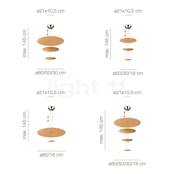Measurements of the Catellani & Smith Macchina della Luce Pendant Light LED mod. A, copper in detail: height, width, depth and diameter of the individual parts.