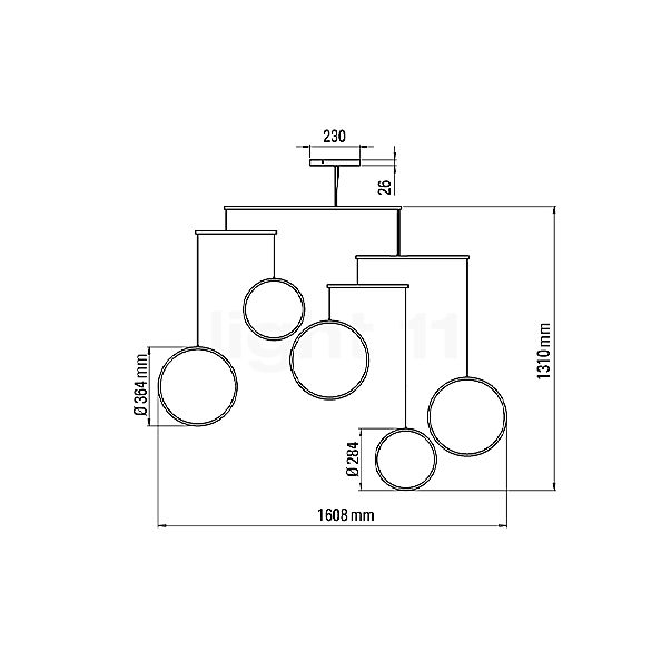 DCW Focus Chandelier LED 5 lamps gold sketch