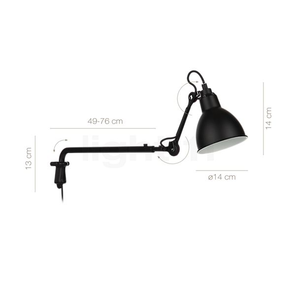 Measurements of the DCW Lampe Gras No 203 Wall light black blue in detail: height, width, depth and diameter of the individual parts.