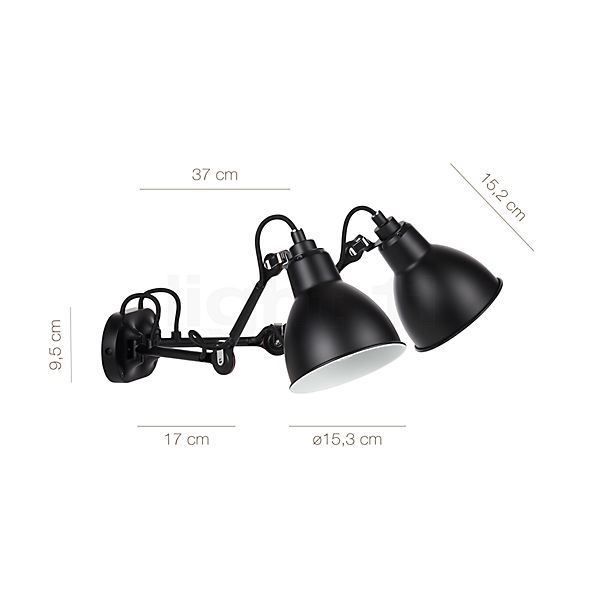 De afmetingen van de DCW Lampe Gras No 204 Double Wandlamp zwart/koper in detail: hoogte, breedte, diepte en diameter van de afzonderlijke onderdelen.