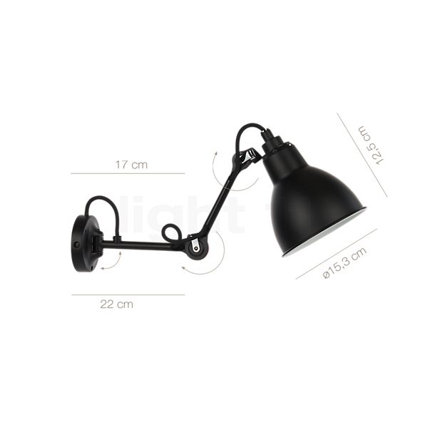 Målene for DCW Lampe Gras No 204 Væglampe sort: De enkelte komponenters højde, bredde, dybde og diameter.