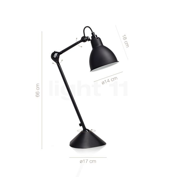 Målene for DCW Lampe Gras No 205 Bordlampe sort hvid/kobber: De enkelte komponenters højde, bredde, dybde og diameter.