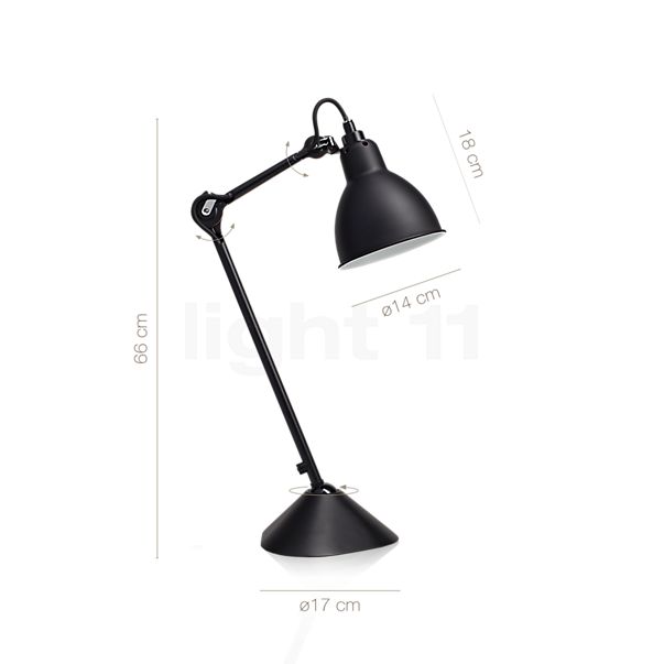 Dati tecnici del/della DCW Lampe Gras No 205 Lampada da tavolo nera nero in dettaglio: altezza, larghezza, profondità e diametro dei singoli componenti.