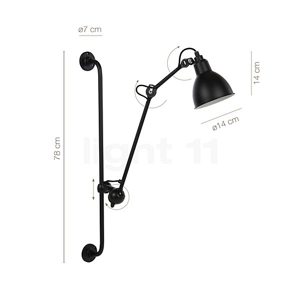 Measurements of the DCW Lampe Gras No 210 Wall light black in detail: height, width, depth and diameter of the individual parts.