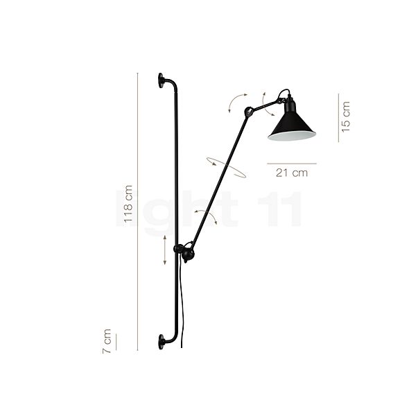 Measurements of the DCW Lampe Gras No 214 Wall Light black in detail: height, width, depth and diameter of the individual parts.