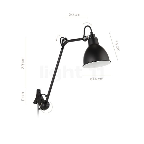 Målene for DCW Lampe Gras No 222 Væglampe sort hvid/kobber: De enkelte komponenters højde, bredde, dybde og diameter.
