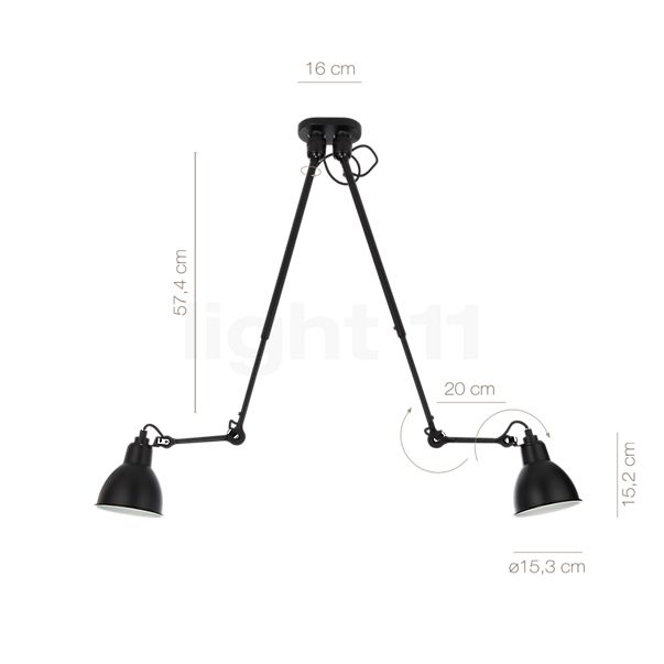 Die Abmessungen der DCW Lampe Gras No 302 Double Deckenleuchte schwarz im Detail: Höhe, Breite, Tiefe und Durchmesser der einzelnen Bestandteile.