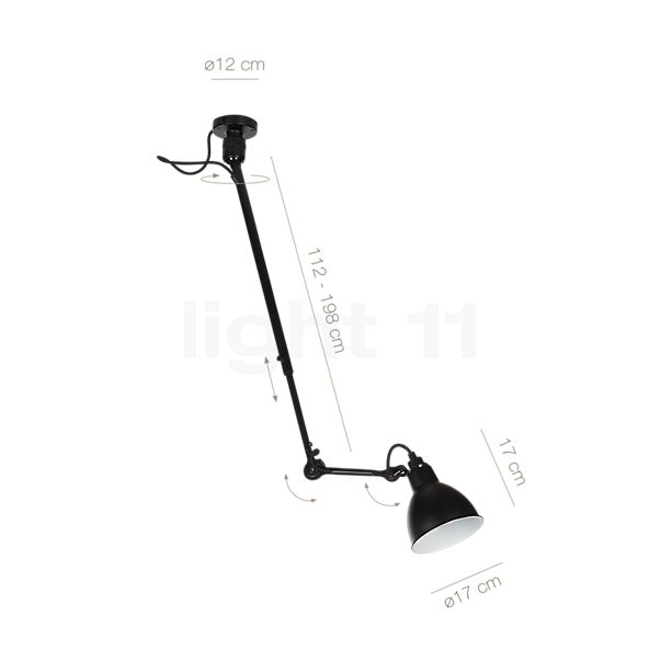Målene for DCW Lampe Gras No 302 L Pendel messing: De enkelte komponenters højde, bredde, dybde og diameter.