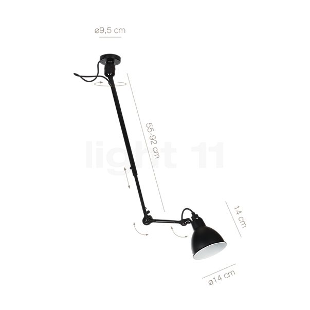 Målene for DCW Lampe Gras No 302 Pendel hvid: De enkelte komponenters højde, bredde, dybde og diameter.