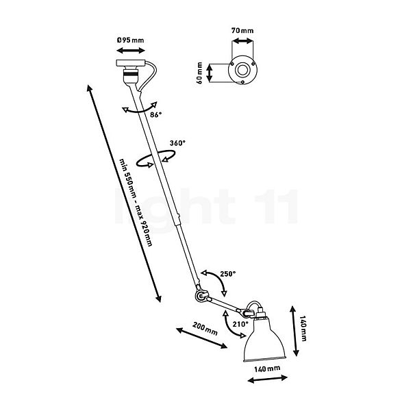 DCW Lampe Gras No 302, lámpara de suspensión cromo - alzado con dimensiones