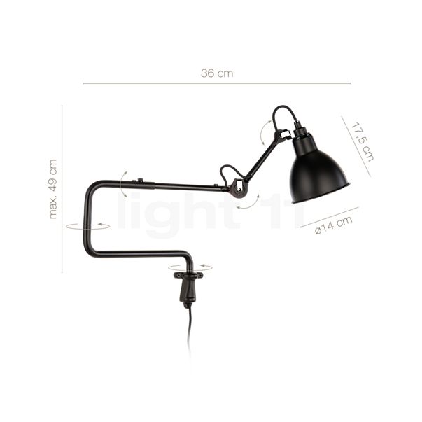 Measurements of the DCW Lampe Gras No 303 Wall light black in detail: height, width, depth and diameter of the individual parts.