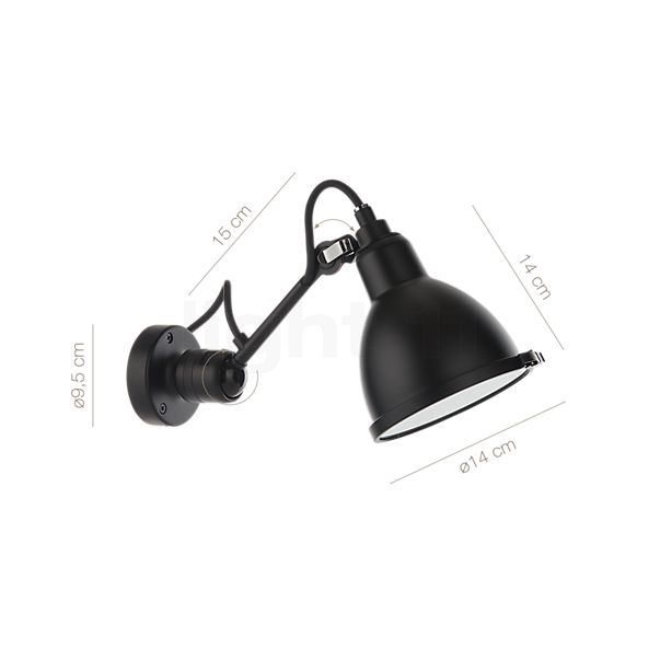 Measurements of the DCW Lampe Gras No 304 Bathroom Wall light black in detail: height, width, depth and diameter of the individual parts.