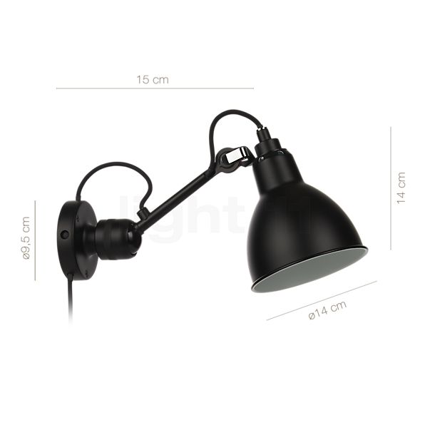 Dimensions du luminaire DCW Lampe Gras No 304 CA Applique noire cuivre brut en détail - hauteur, largeur, profondeur et diamètre de chaque composant.