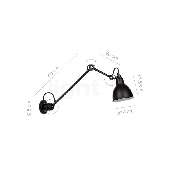 Målene for DCW Lampe Gras No 304 L 40 Væglampe sort sort: De enkelte komponenters højde, bredde, dybde og diameter.