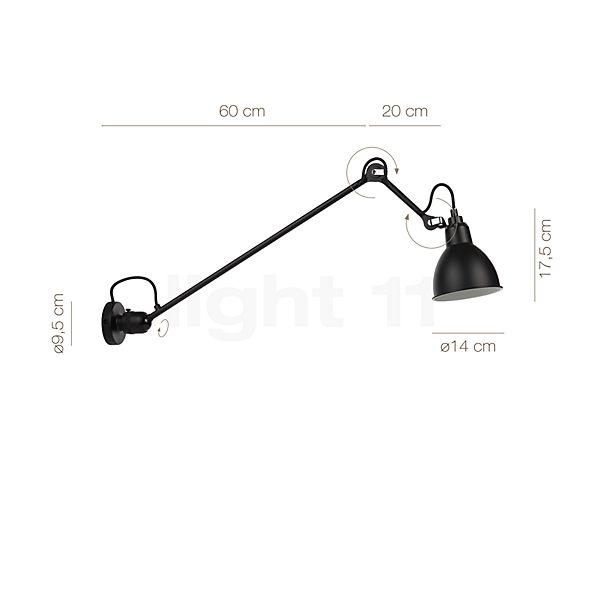 Målene for DCW Lampe Gras No 304 L 60 Væglampe sort rød: De enkelte komponenters højde, bredde, dybde og diameter.
