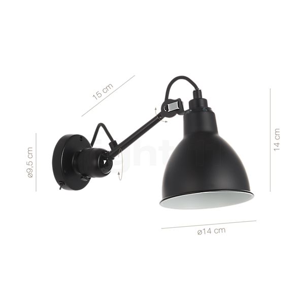 Dimensions du luminaire DCW Lampe Gras No 304 SW Applique noire noir/cuivre en détail - hauteur, largeur, profondeur et diamètre de chaque composant.