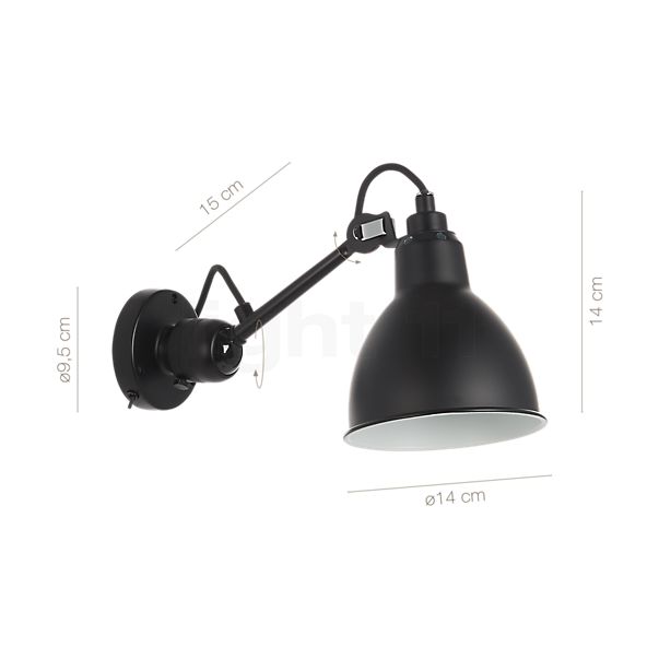 Målene for DCW Lampe Gras No 304 SW Væglampe sort blå: De enkelte komponenters højde, bredde, dybde og diameter.