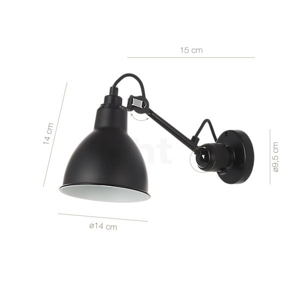 Målene for DCW Lampe Gras No 304 Væglampe sort blå: De enkelte komponenters højde, bredde, dybde og diameter.
