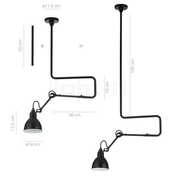 Målene for DCW Lampe Gras No 312 Pendel kobber: De enkelte komponenters højde, bredde, dybde og diameter.