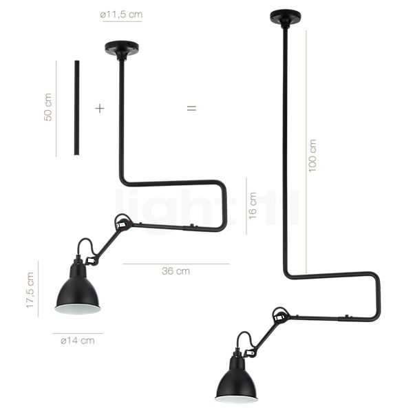 Measurements of the DCW Lampe Gras No 312 pendant light black/copper in detail: height, width, depth and diameter of the individual parts.