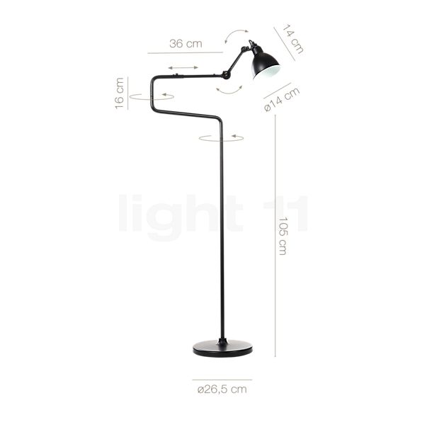 Målene for DCW Lampe Gras No 411 Standerlampe messing: De enkelte komponenters højde, bredde, dybde og diameter.