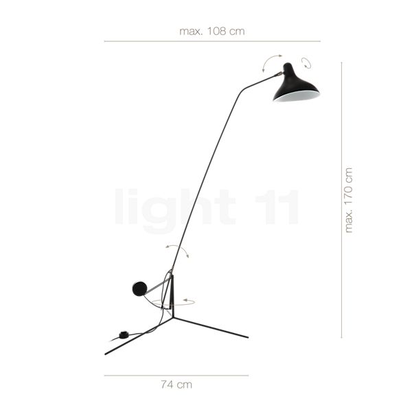 Dimensions du luminaire DCW Mantis BS1 noir en détail - hauteur, largeur, profondeur et diamètre de chaque composant.