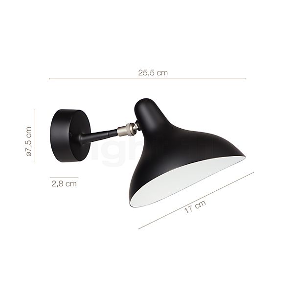 Målene for DCW Mantis BS5 Mini Væglampe LED sort: De enkelte komponenters højde, bredde, dybde og diameter.
