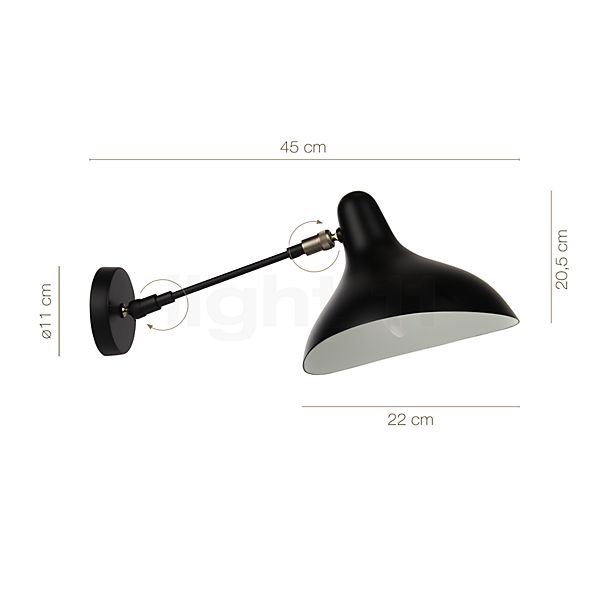 Dimensions du luminaire DCW Mantis BS5 noir en détail - hauteur, largeur, profondeur et diamètre de chaque composant.