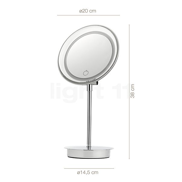 Measurements of the Decor Walther BS 15 Touch illuminated Makeup Mirror chrome glossy in detail: height, width, depth and diameter of the individual parts.